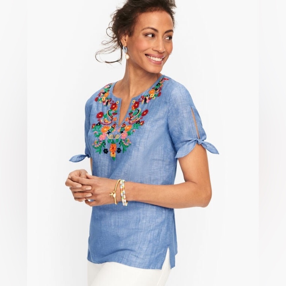 Talbots Linen Blend Blue Blouse with Floral Embroidery